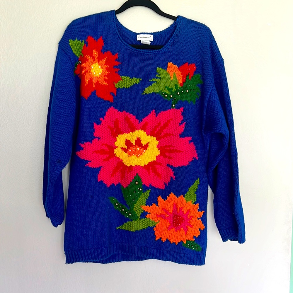 Vintage Eminent Blue Floral Knitted Beaded Ramie Blend Women’s Sweater Size S